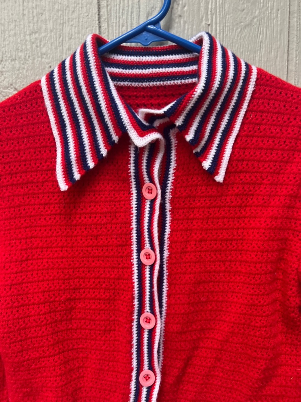 Vintage Red Button-Up Sweater with Striped Trim - Picture 2 of 6